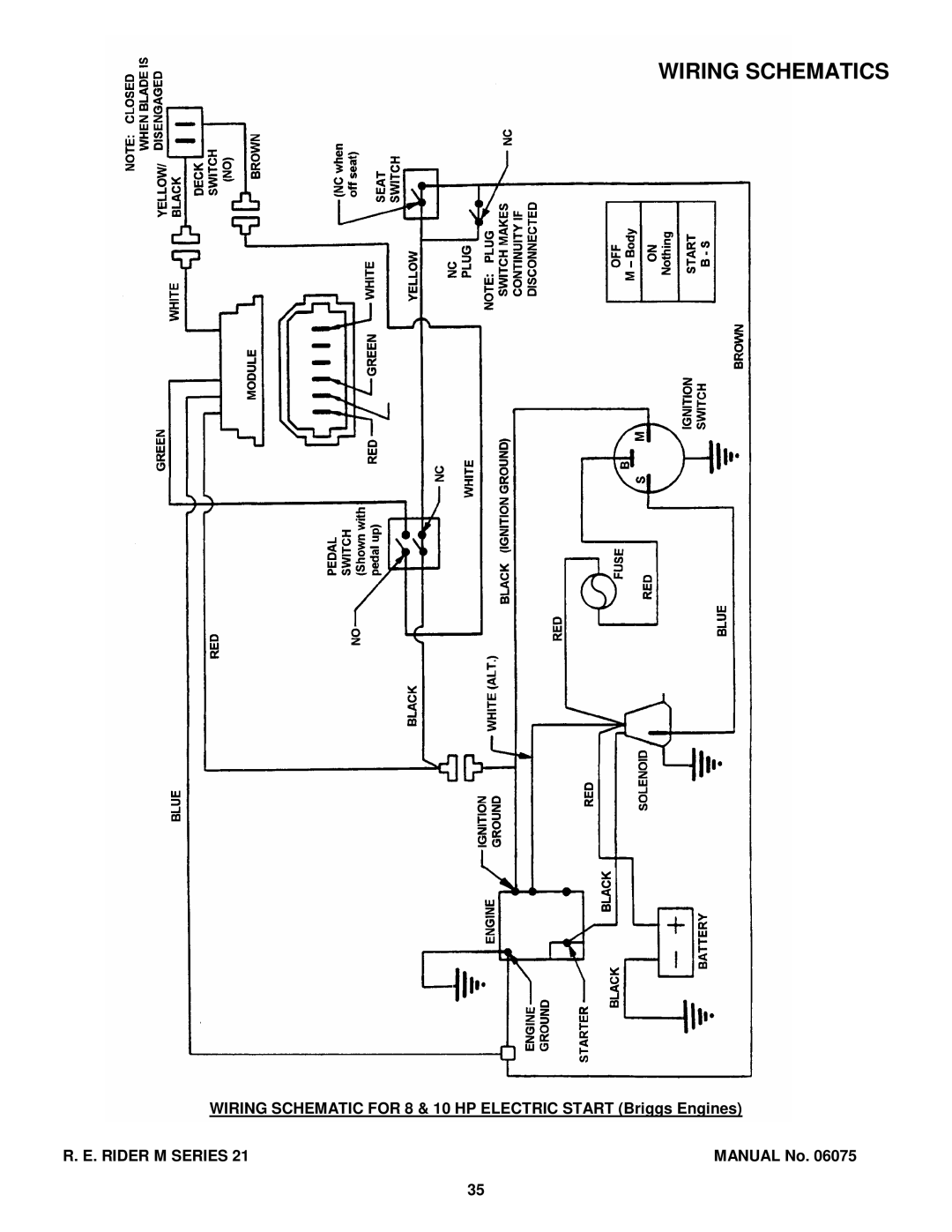 Snapper WM280921B, M300921B, M281021BE, M301021BE, M250821BE Wiring Schematic for 8 & 10 HP Electric Start Briggs Engines 