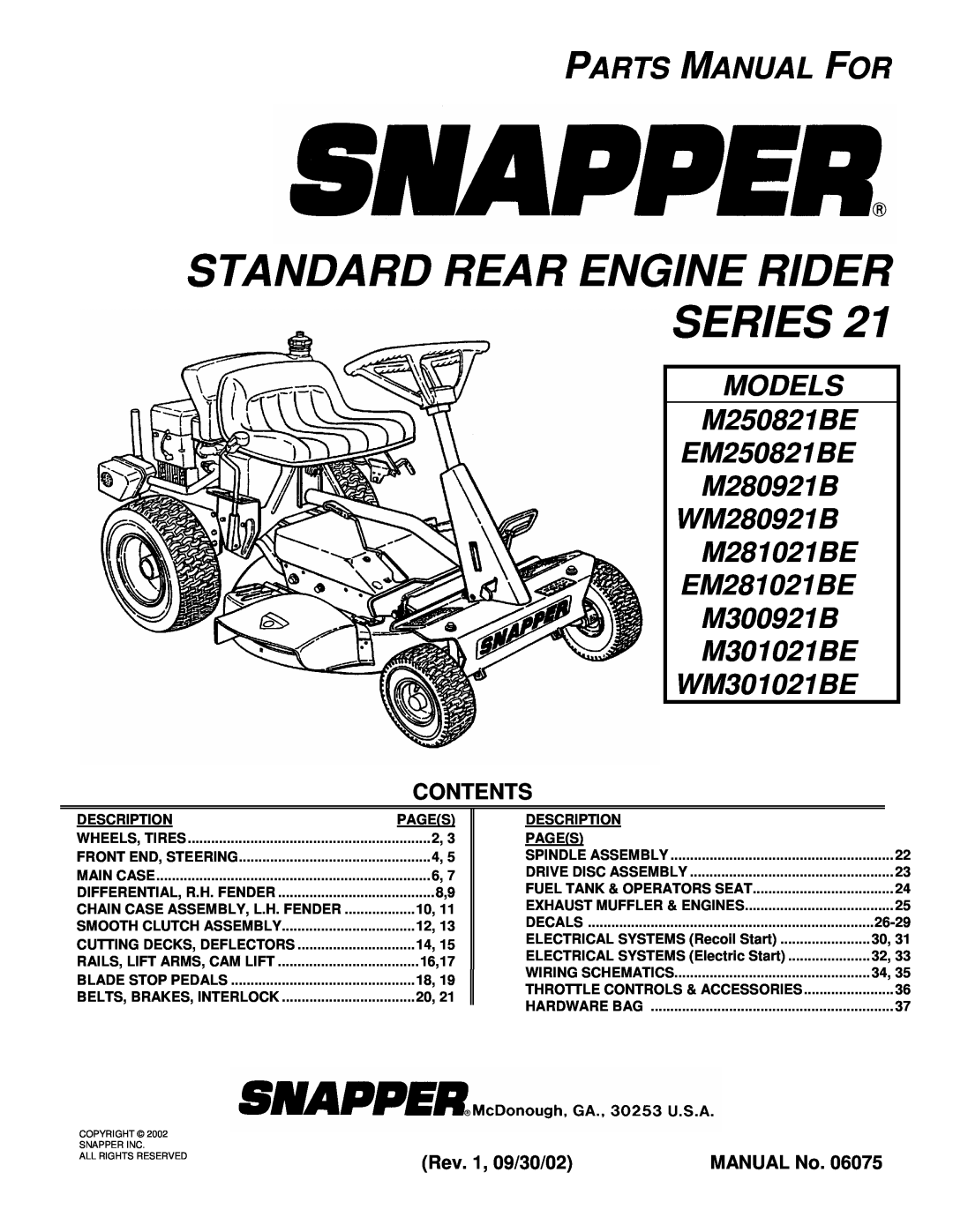 Snapper M280921B, M300921B, M281021BE manual Contents, Standard Rear Engine Rider Series, Parts Manual For, WM301021BE 