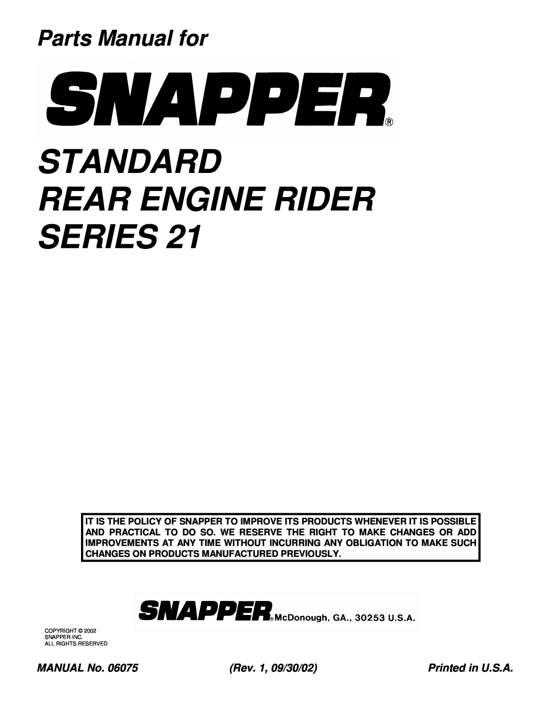 Snapper M250821BE, M300921B, M280921B manual Standard Rear Engine Rider Series, Parts Manual for, MANUAL No, Rev. 1, 09/30/02 