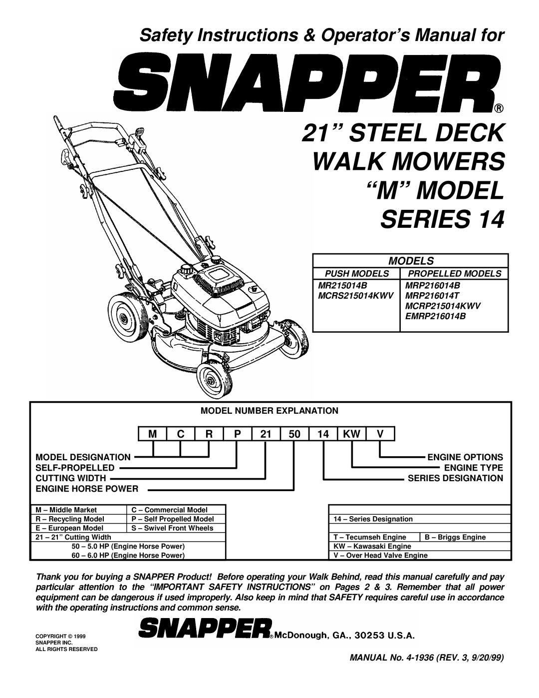 Snapper MCRP215014KWV, MCR5215014KWV, EMRP215014B important safety instructions Steel Deck Walk Mowers M Model Series 