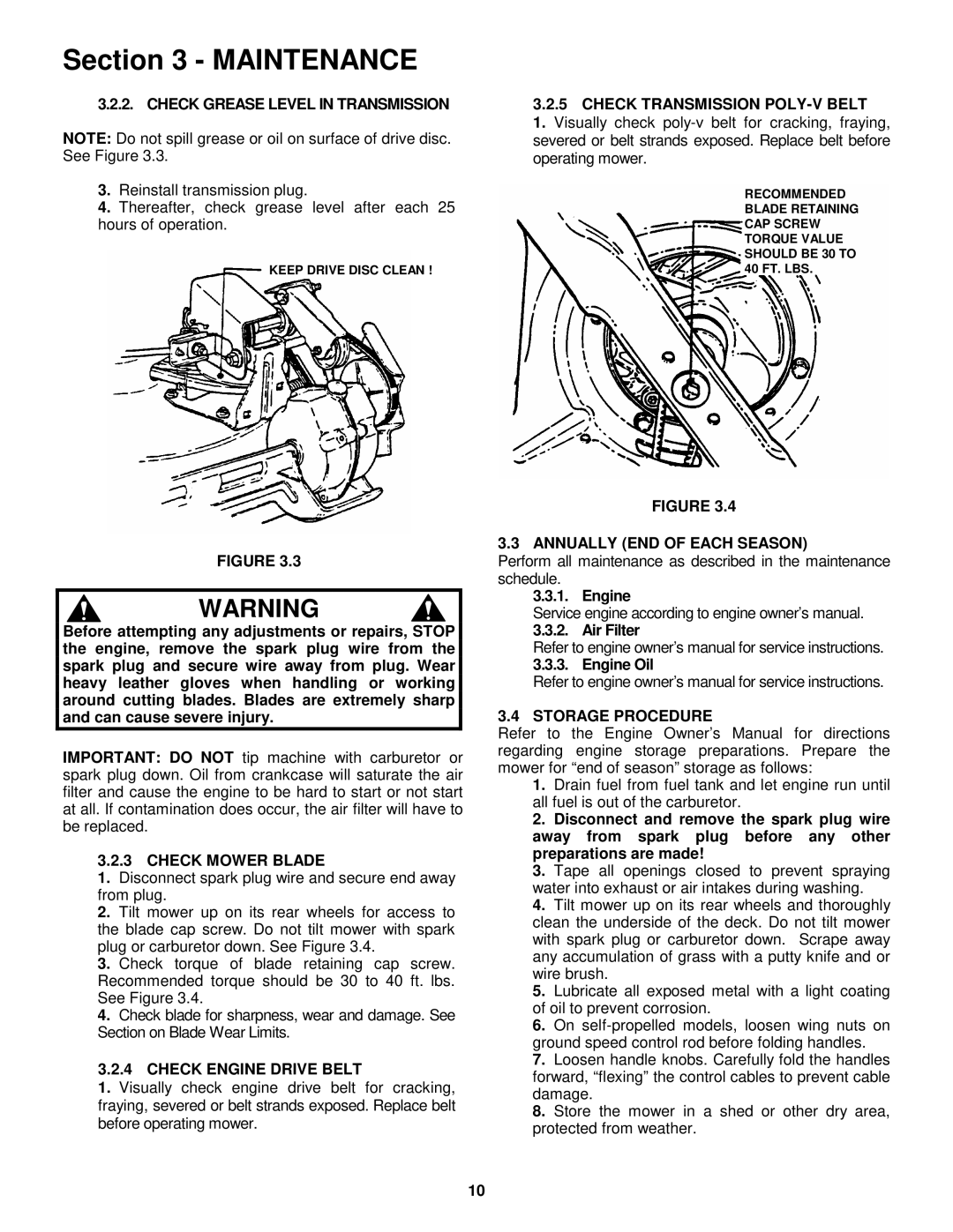 Snapper MCR5215014KWV Check Mower Blade, Check Engine Drive Belt, Check Transmission POLY-V Belt, Storage Procedure 