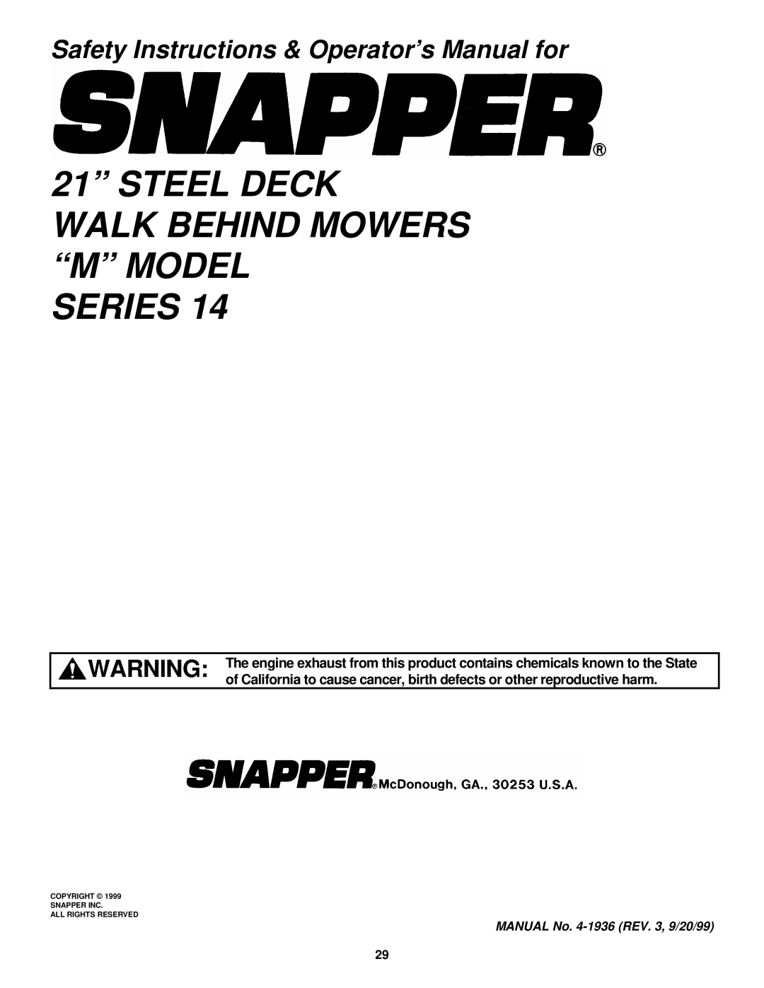 Snapper MR5014B, MCR5215014KWV, MCRP215014KWV, EMRP215014B, MRP218014T Steel Deck Walk Behind Mowers M Model Series 