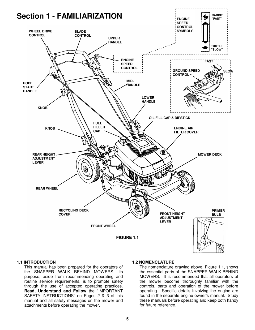 Snapper MCR5215014KWV, MCRP215014KWV, EMRP215014B, MRP218014T, MR5014B important safety instructions Introduction, Nomenclature 