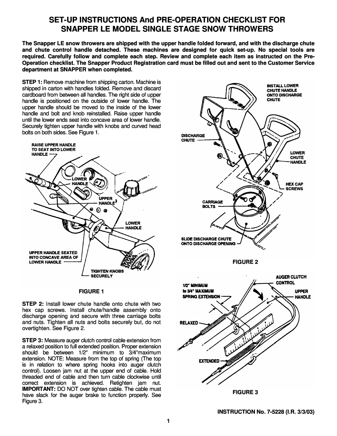 Snapper MCS2000 manual SET-UPINSTRUCTIONS And PRE-OPERATIONCHECKLIST FOR, Snapper Le Model Single Stage Snow Throwers 