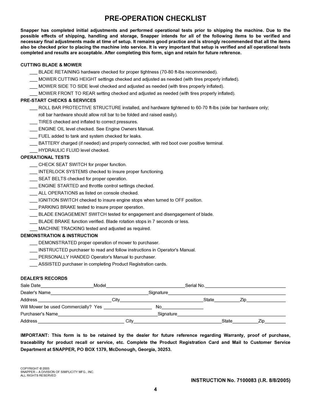 Snapper Mount Mower manual PRE-OPERATION Checklist 