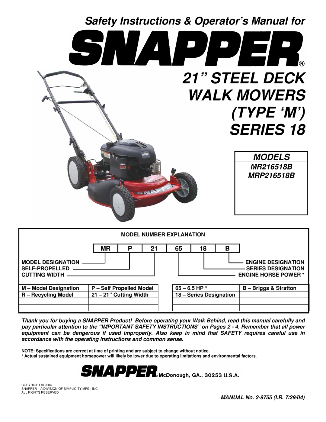 Snapper MR216518B, MRP216518B, MP216518B, MRP216518B important safety instructions Steel Deck Walk Mowers Type ‘M’ Series 