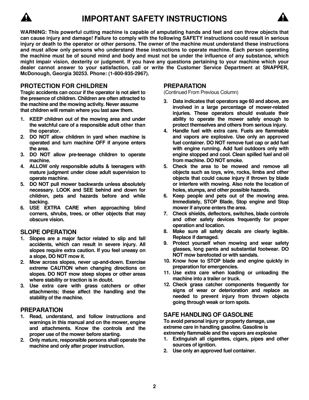 Snapper MP216518B, MRP216518B, MR216518B, MRP216518B important safety instructions Important Safety Instructions 