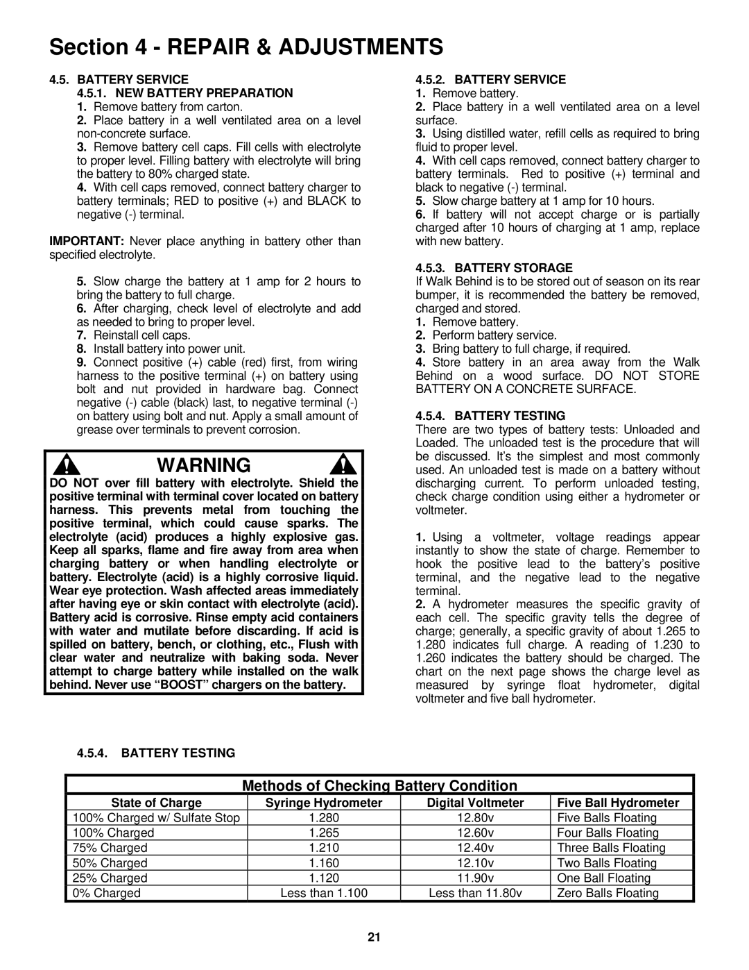 Snapper MR216518B, MRP216518B Battery Service, NEW Battery Preparation 1. Remove battery from carton, Battery Testing 