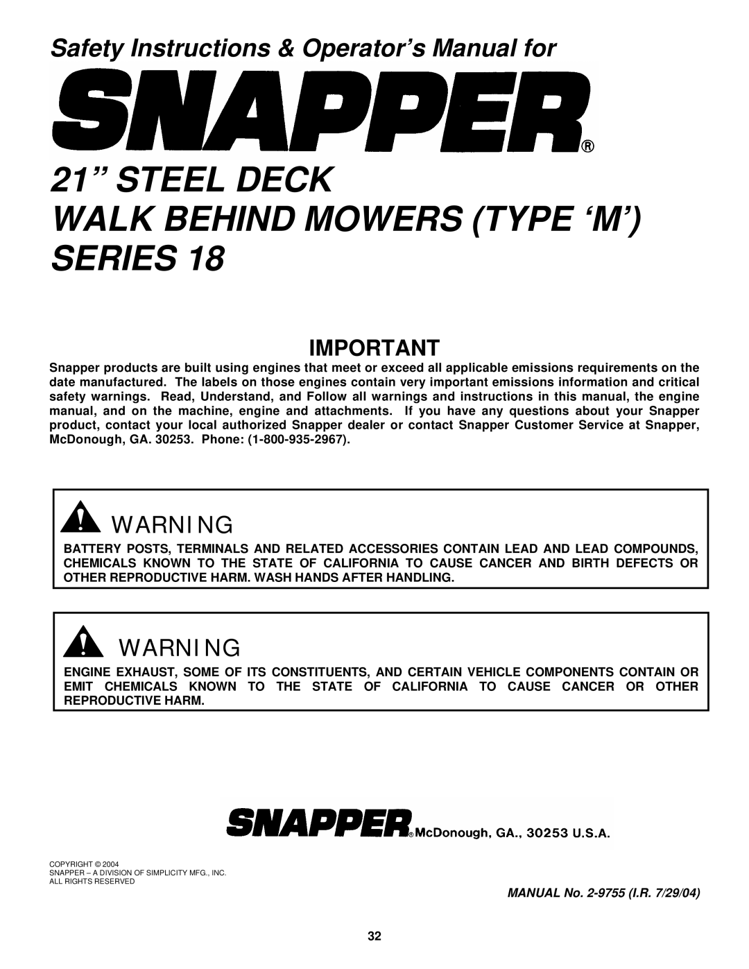 Snapper MP216518B, MRP216518B, MR216518B, MRP216518B Steel Deck Walk Behind Mowers Type ‘M’ Series 