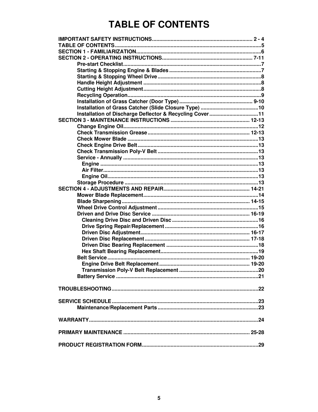 Snapper MR216518B, MRP216518B, MP216518B, MRP216518B important safety instructions Table of Contents 