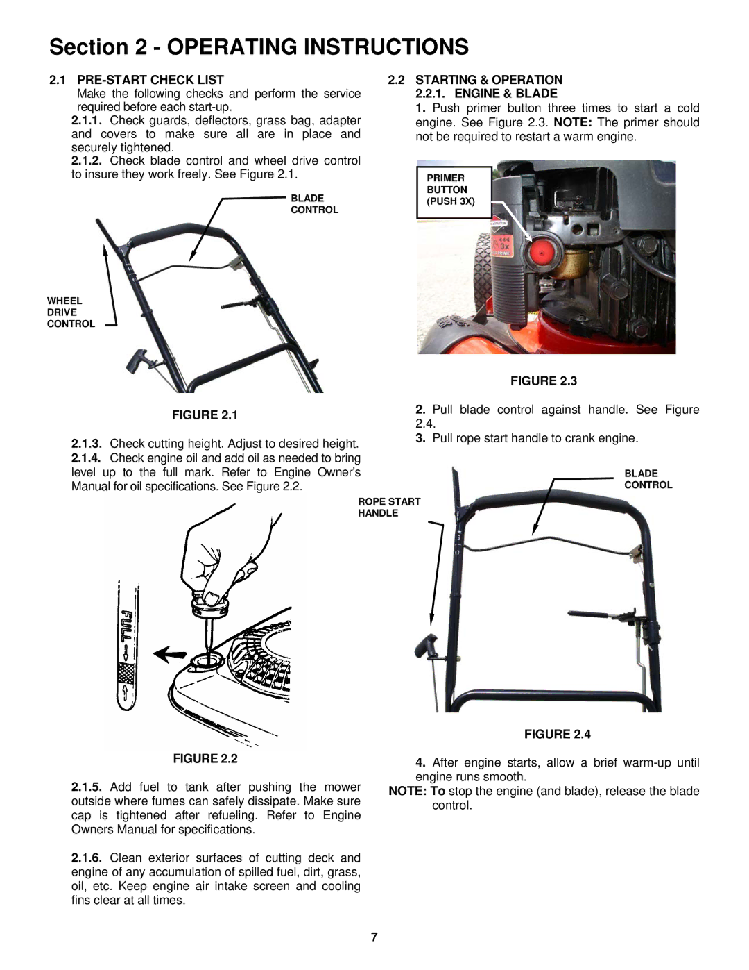 Snapper MR216518B, MRP216518B, MP216518B, MRP216518B PRE-START Check List, Starting & Operation 2.2.1. Engine & Blade 