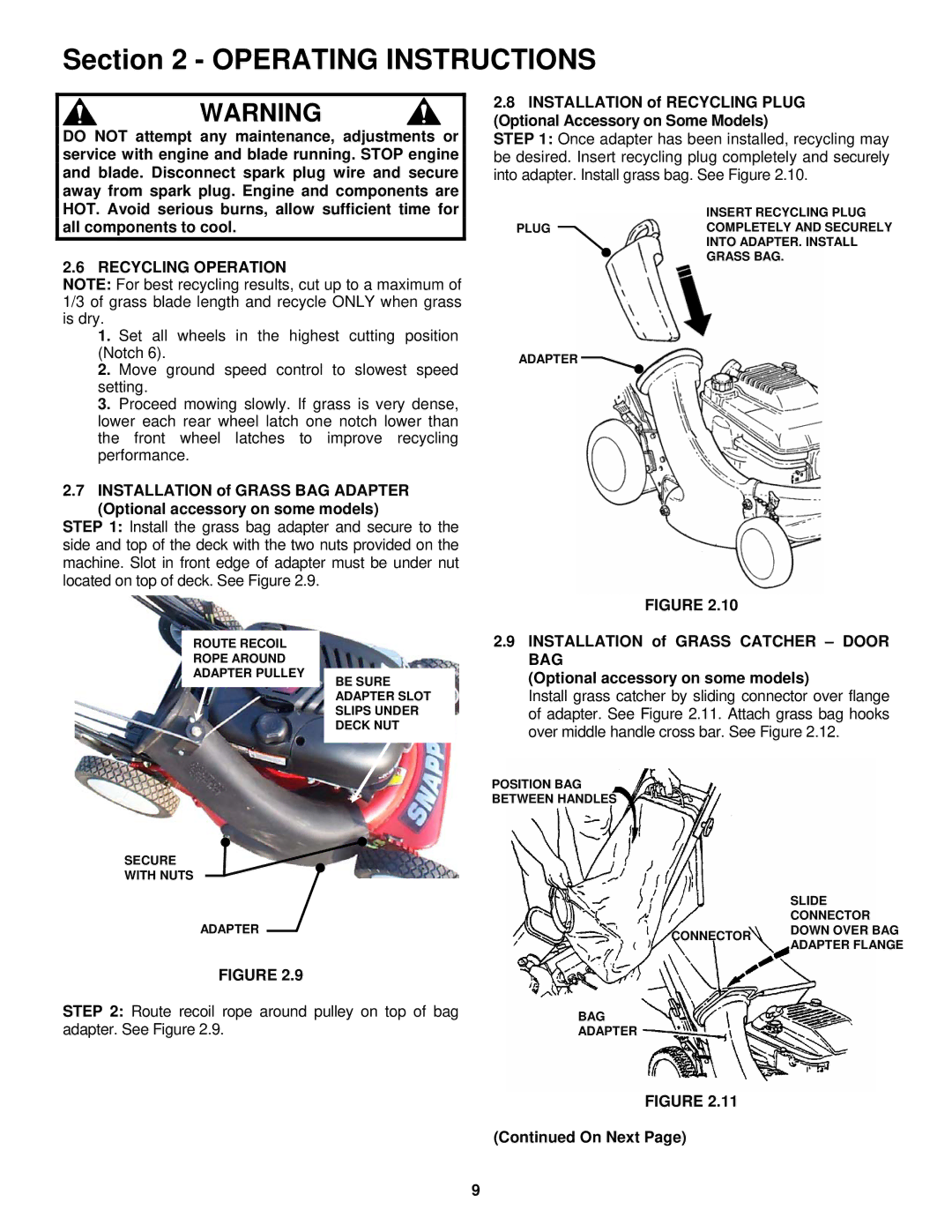 Snapper MR216518B, MRP216518B, MP216518B, MRP216518B important safety instructions Recycling Operation, On Next 