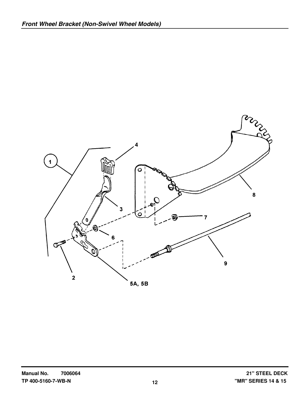 Snapper MCRS215014KWV, MR215015T, MR215014B, MR216015BV, EMRP216014B manual Front Wheel Bracket Non-Swivel Wheel Models 