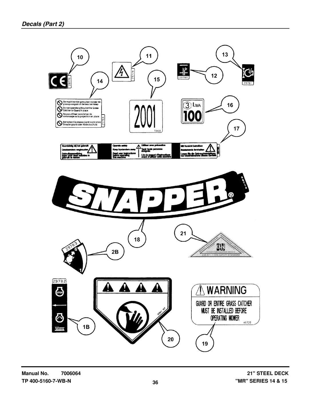 Snapper MCRS215014KWV, MR215015T, MR215014B, MR216015BV, EMRP216014B, MRP216015BV manual Decals Part 