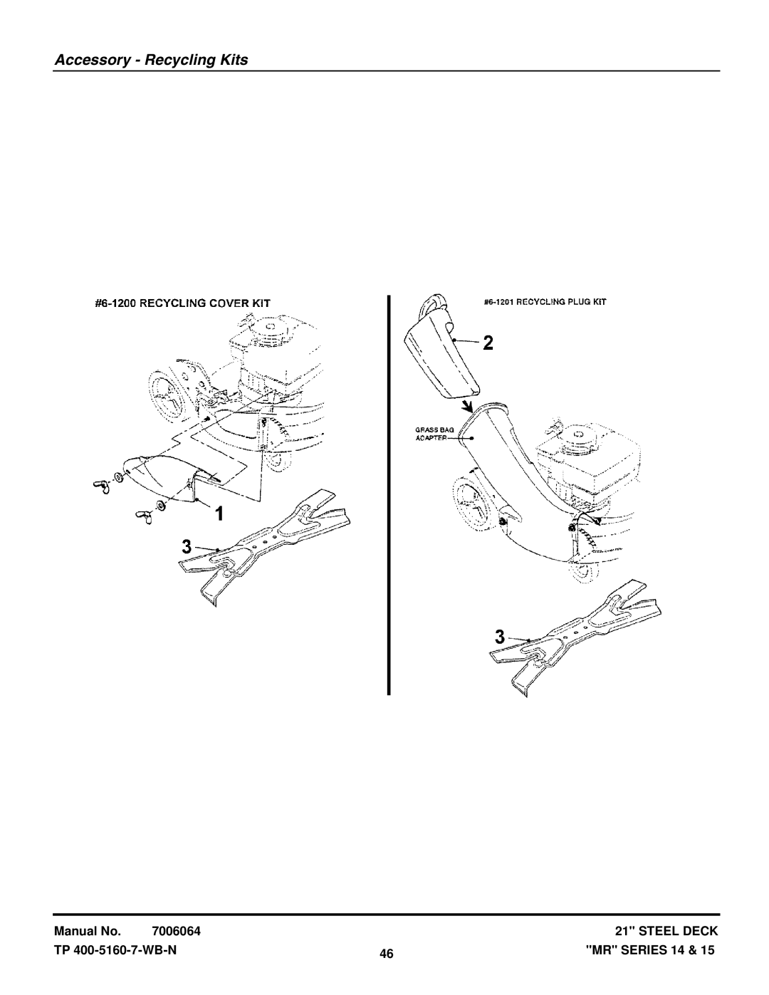 Snapper MR215015T, MR215014B, MR216015BV, MCRS215014KWV, EMRP216014B, MRP216015BV manual Accessory Recycling Kits 