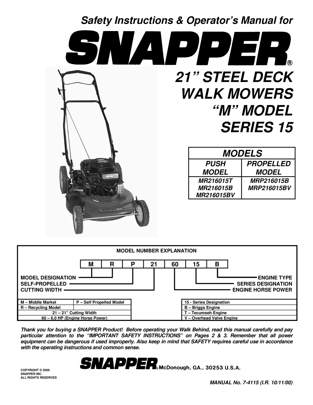 Snapper MR216015T, MR216015B, MR216015BV, MRP216015B, MRP216015BV important safety instructions 