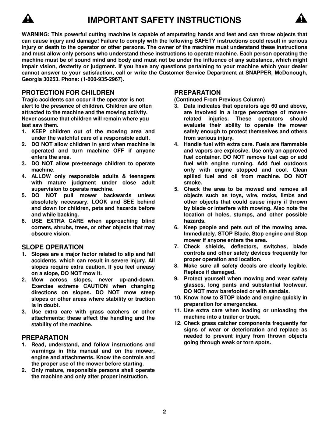 Snapper MR216015T, MR216015B, MR216015BV, MRP216015B, MRP216015BV Important Safety Instructions 