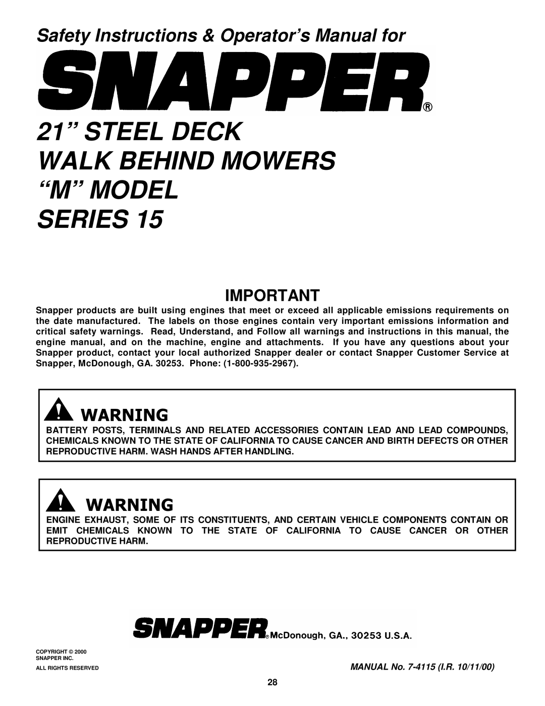 Snapper MR216015T, MR216015B, MR216015BV, MRP216015B, MRP216015BV Steel Deck Walk Behind Mowers M Model Series 