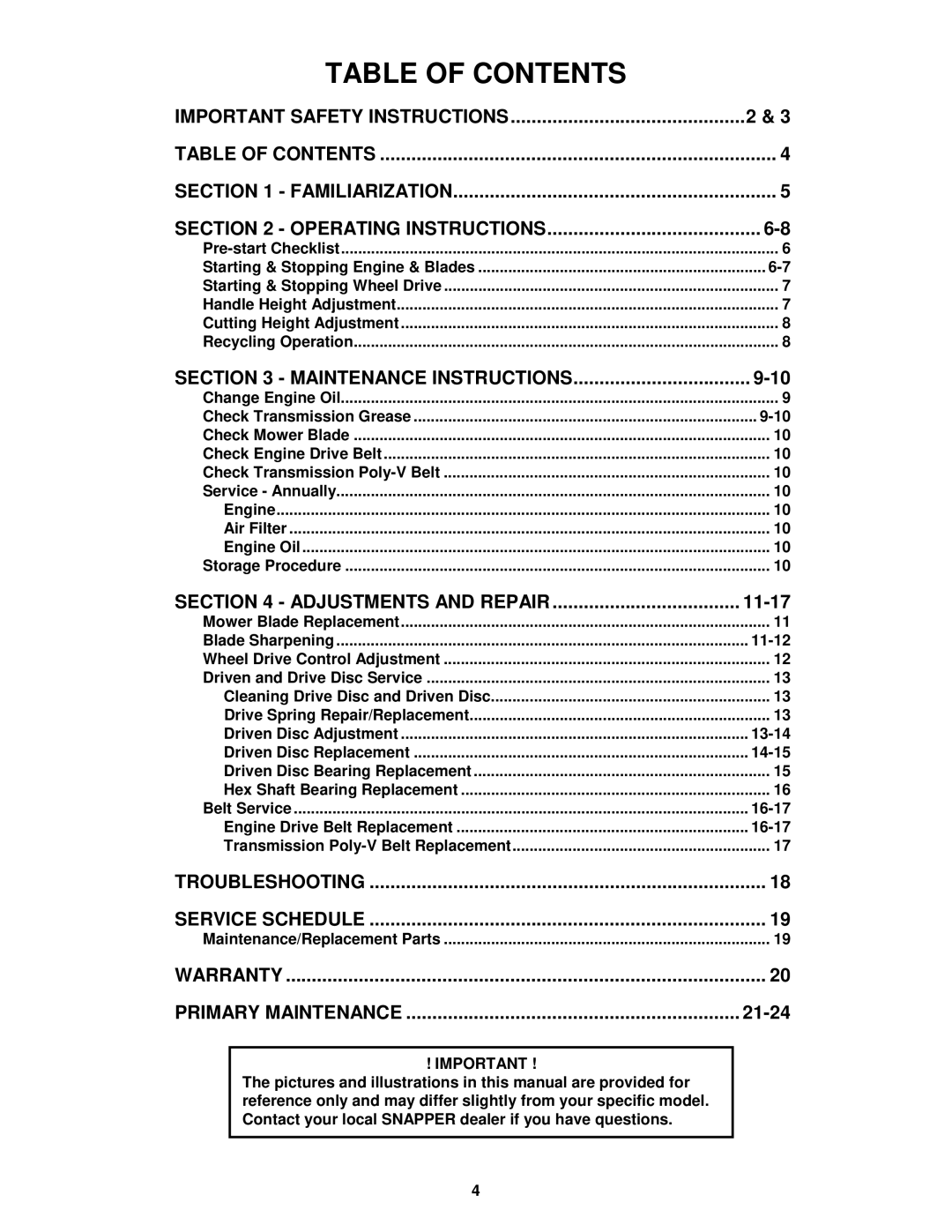 Snapper MR216015T, MR216015B, MR216015BV, MRP216015B, MRP216015BV important safety instructions Table of Contents 