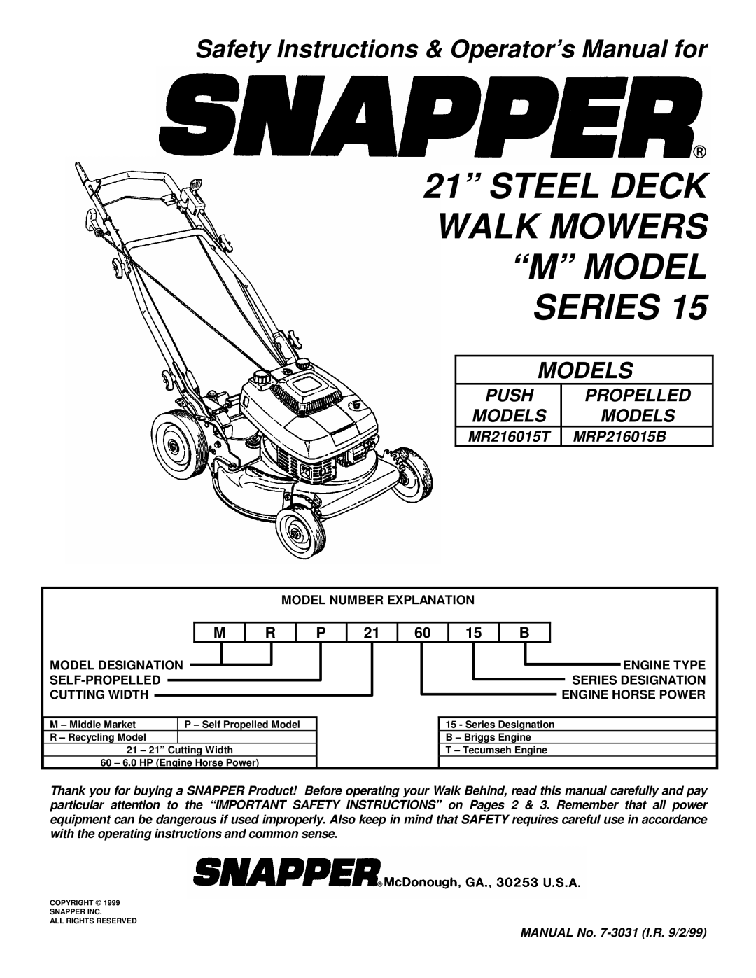 Snapper MR216015T important safety instructions Steel Deck Walk Mowers M Model Series 