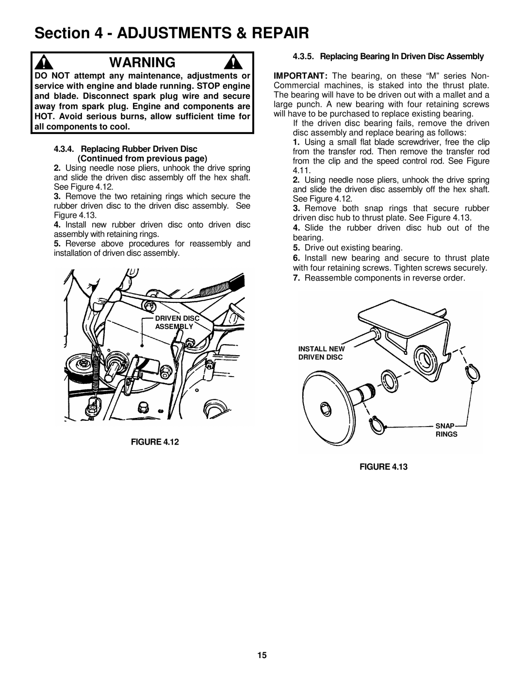 Snapper MR216015T important safety instructions Replacing Bearing In Driven Disc Assembly 