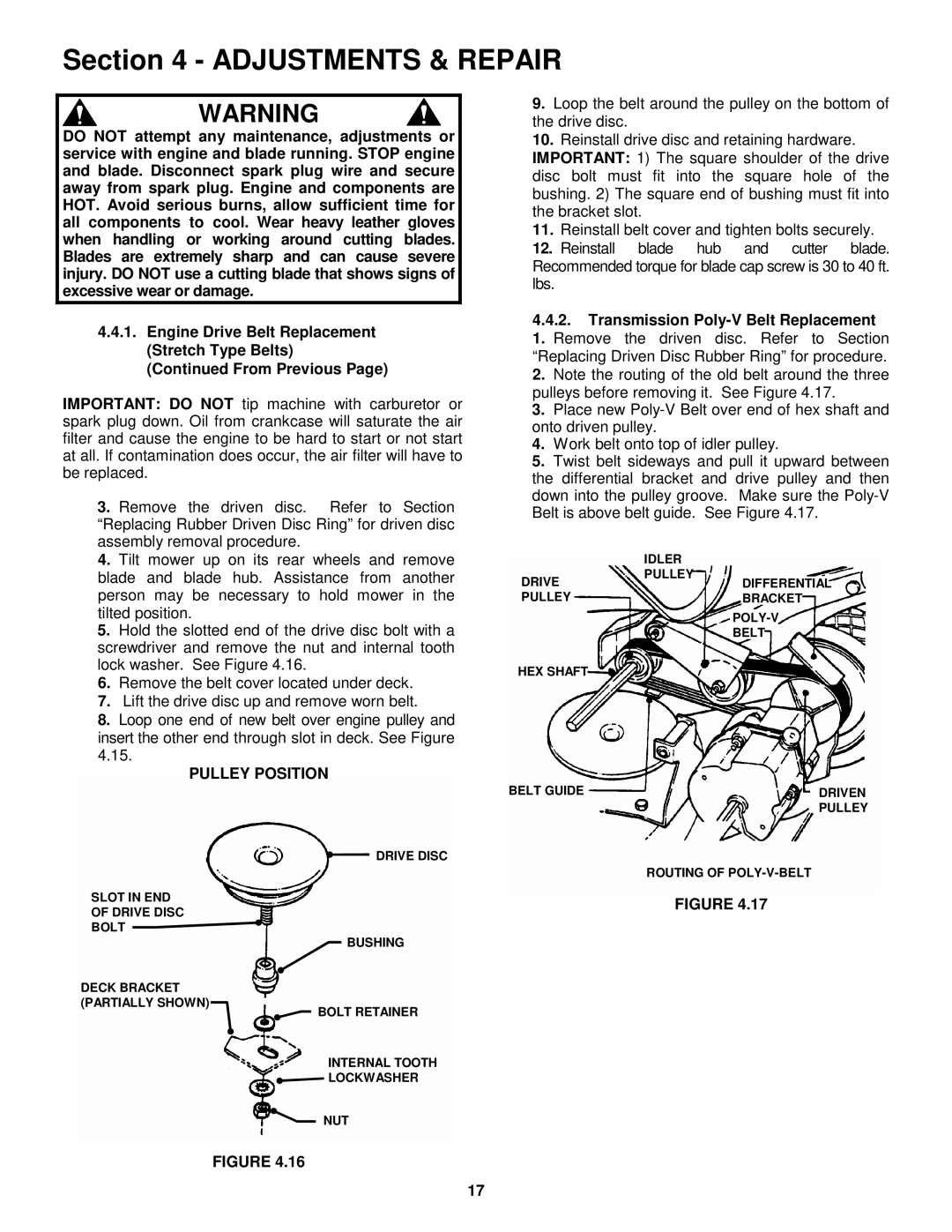 Snapper MR216015T important safety instructions Pulley Position, Transmission Poly-V Belt Replacement 