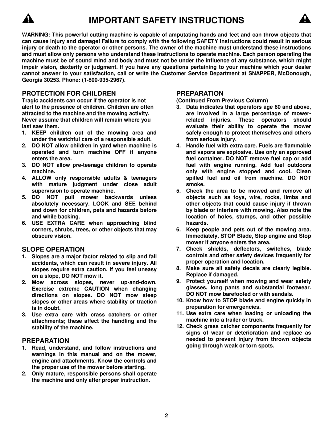 Snapper MR216015T important safety instructions Important Safety Instructions 