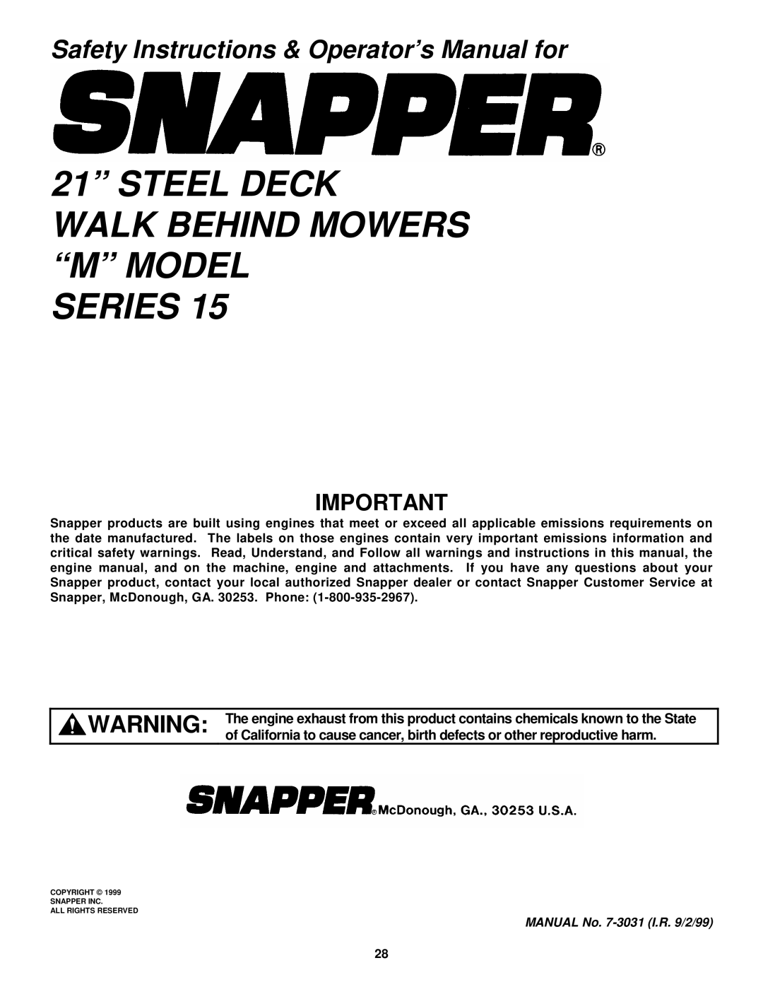 Snapper MR216015T important safety instructions Steel Deck Walk Behind Mowers M Model Series 