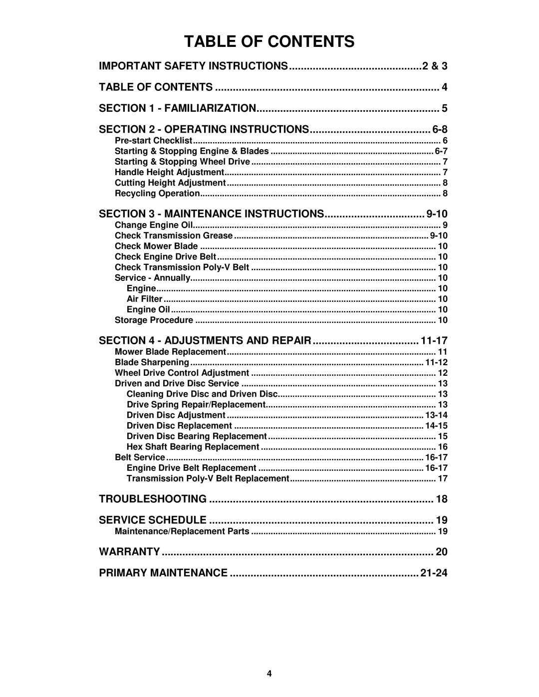 Snapper MR216015T important safety instructions Table of Contents 