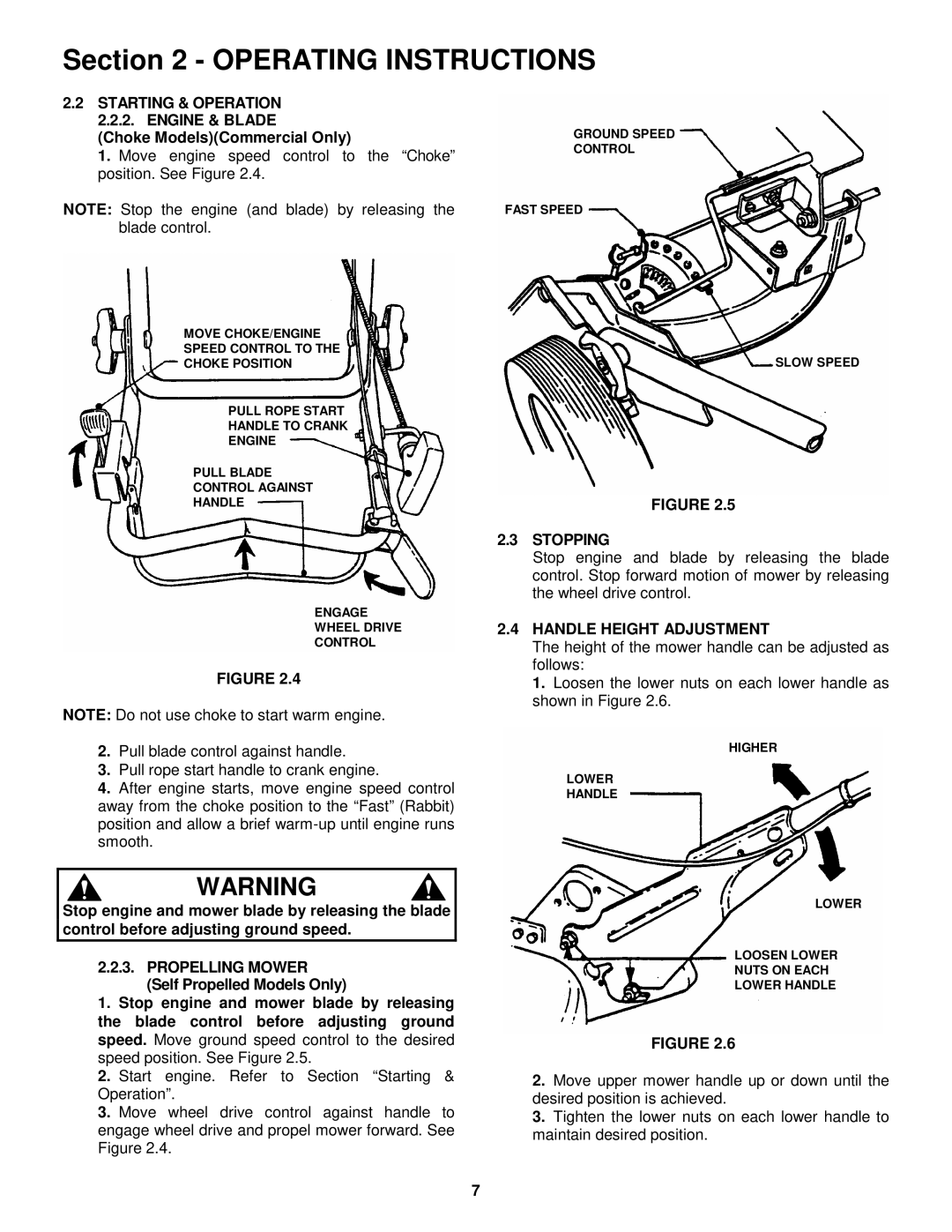 Snapper MR216015T Starting & Operation 2.2.2. Engine & Blade, Choke ModelsCommercial Only, Propelling Mower, Stopping 