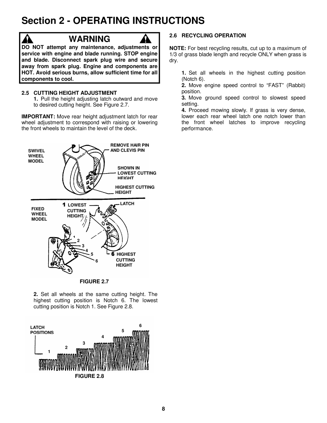 Snapper MR216015T important safety instructions Cutting Height Adjustment, Recycling Operation 