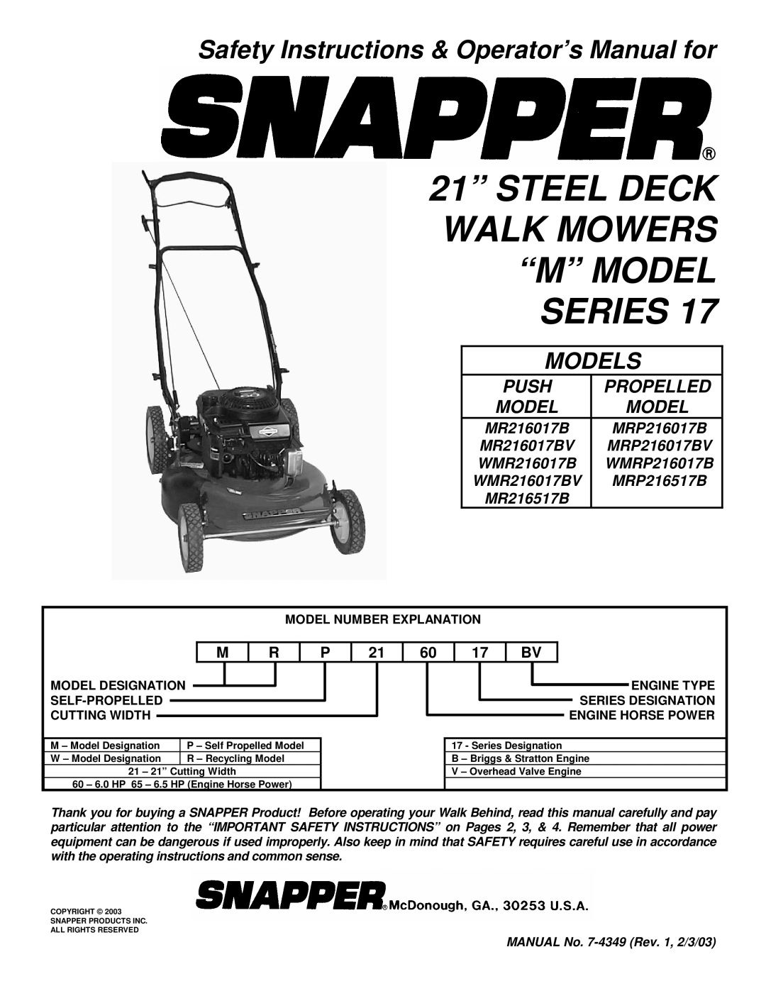 Snapper MR216017B important safety instructions Steel Deck Walk Mowers M Model Series 