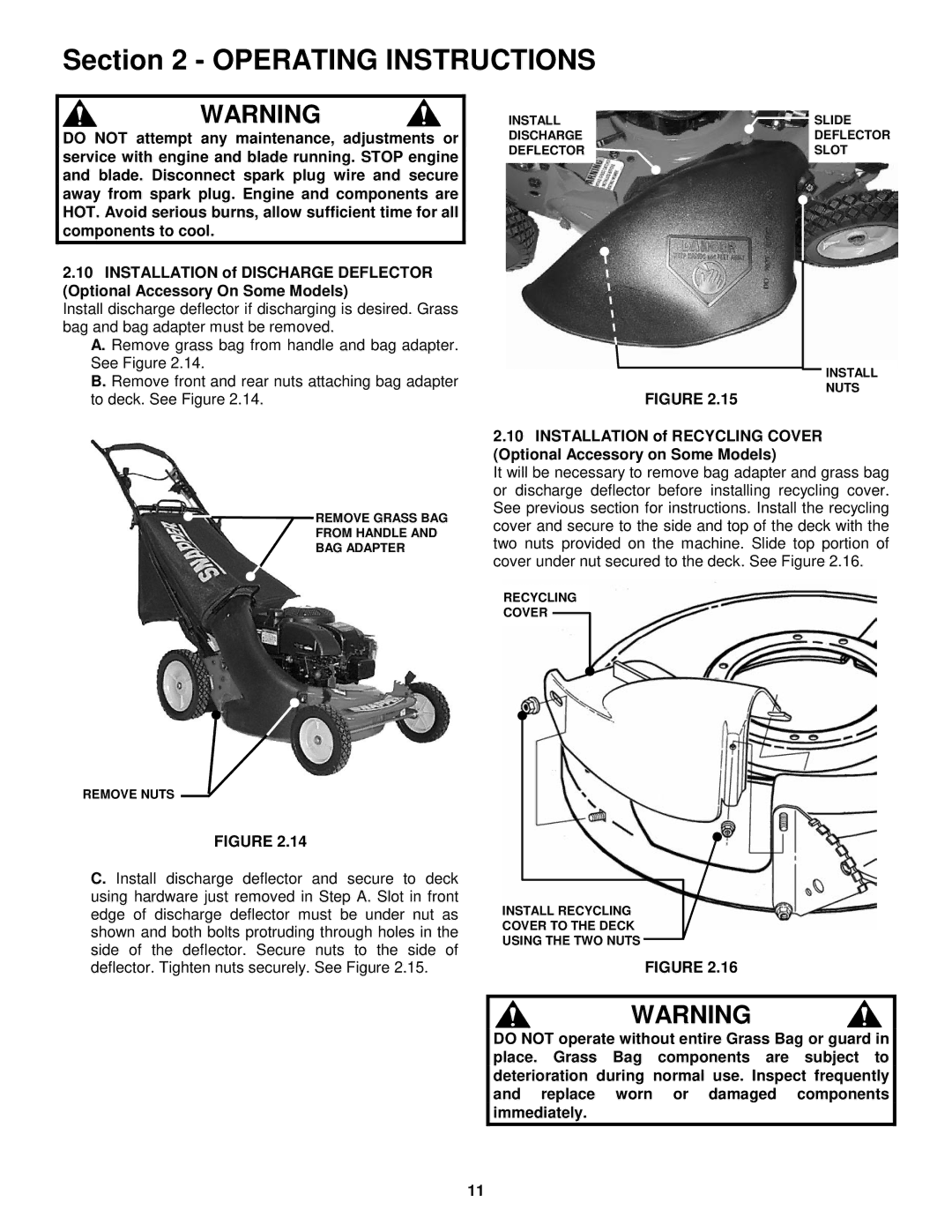 Snapper MR216017B important safety instructions Remove Grass BAG From Handle BAG Adapter Remove Nuts 