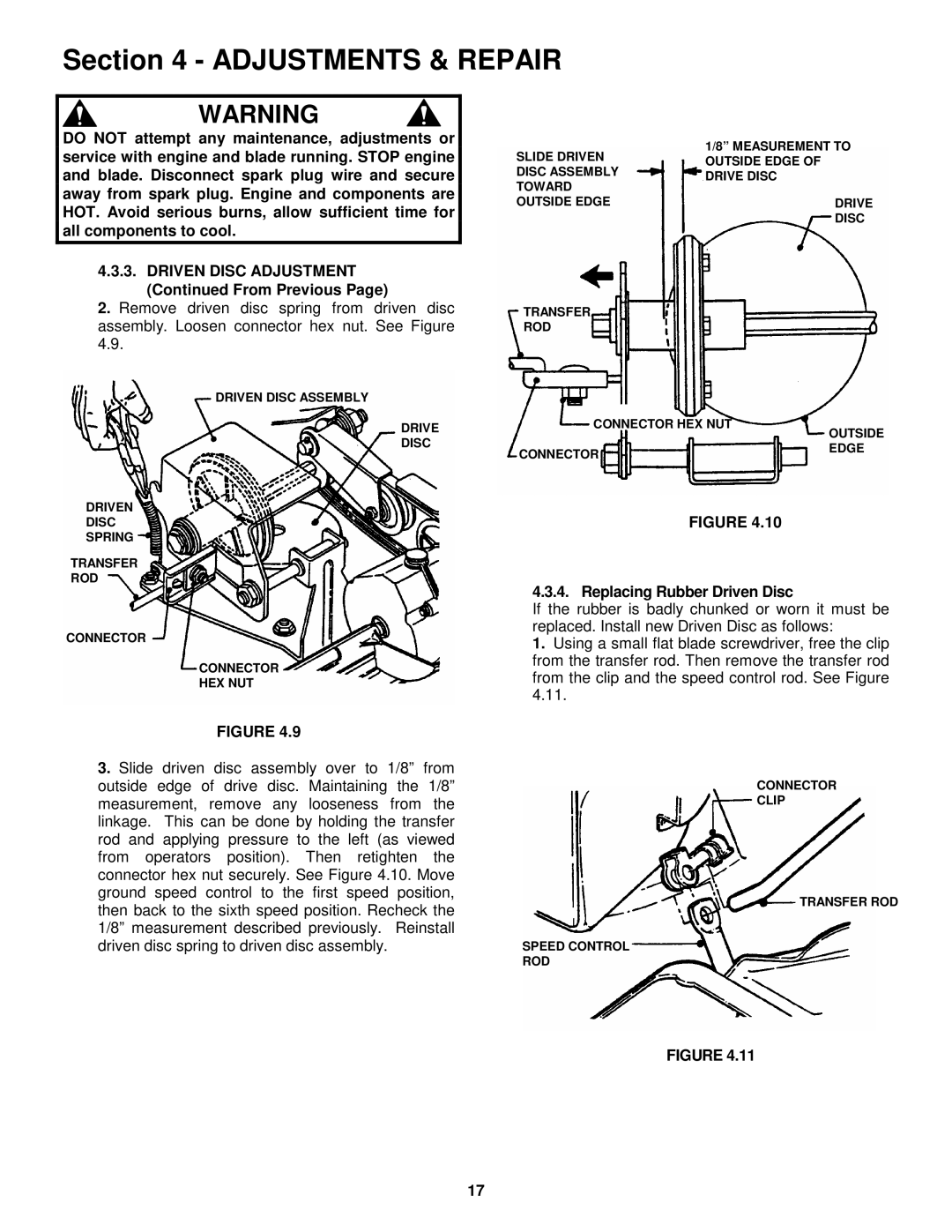 Snapper MR216017B important safety instructions Replacing Rubber Driven Disc 