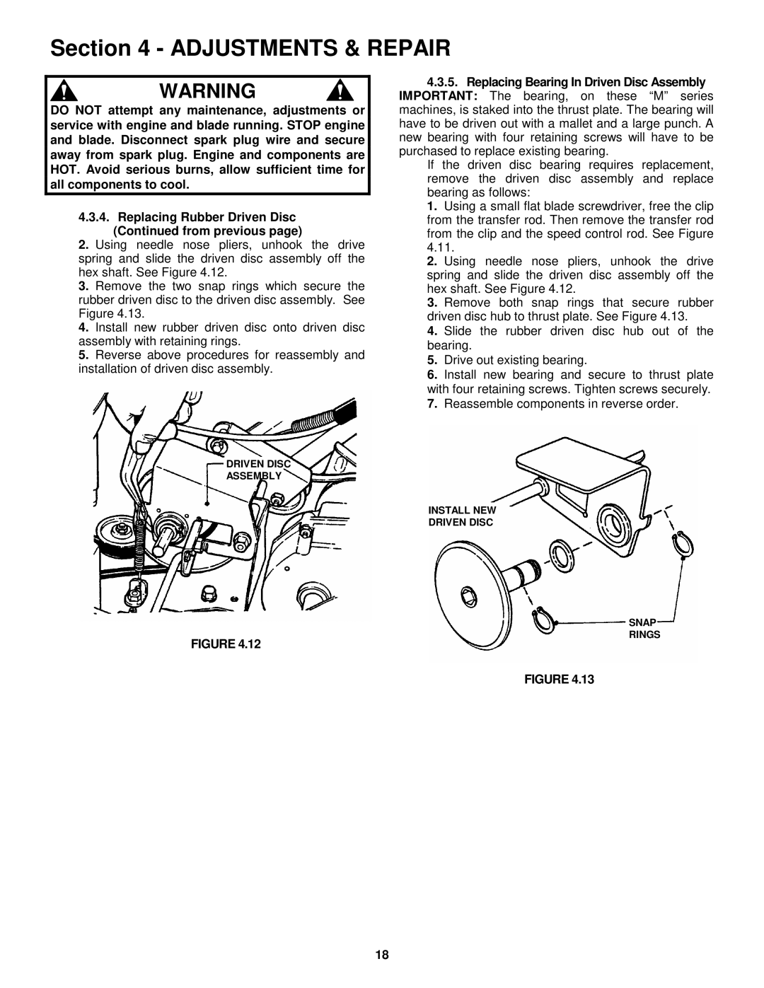 Snapper MR216017B important safety instructions Driven Disc Assembly Install NEW Snap Rings 