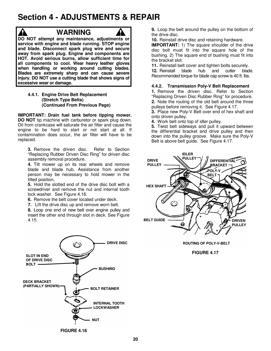 Snapper MR216017B important safety instructions Pulley Position, Transmission Poly-V Belt Replacement 