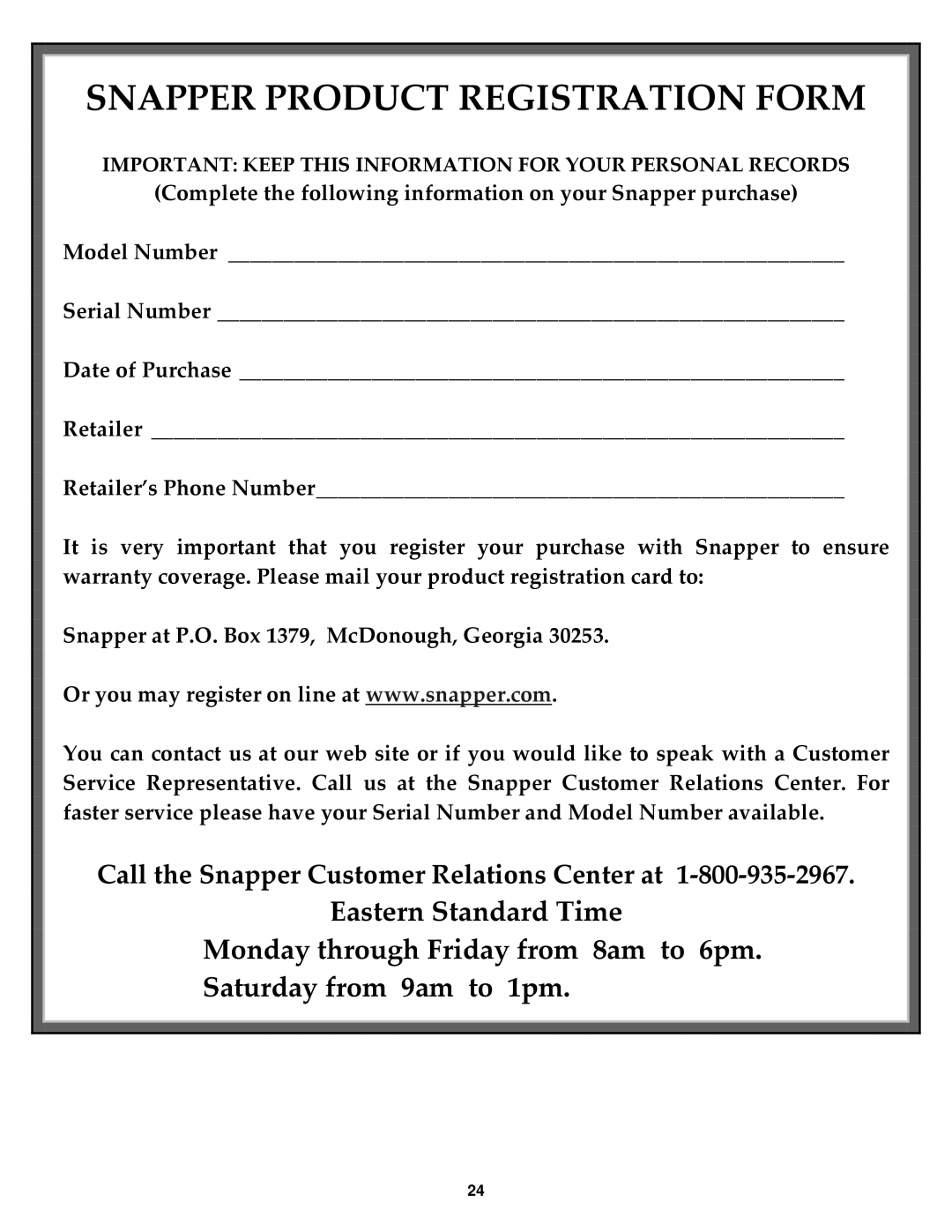 Snapper MR216017B important safety instructions Snapper Product Registration Form 