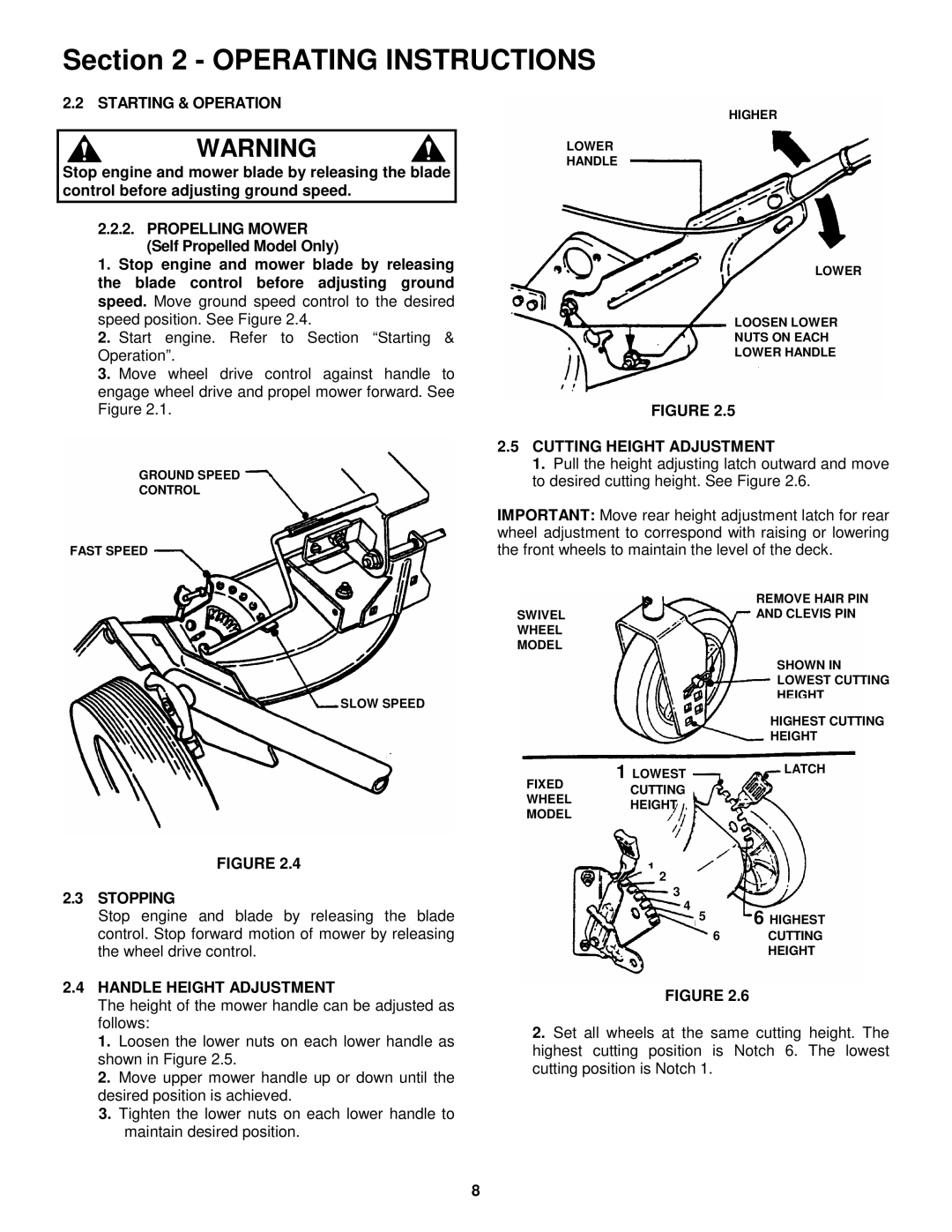 Snapper MR216017B Starting & Operation, Stopping, Handle Height Adjustment, Cutting Height Adjustment 