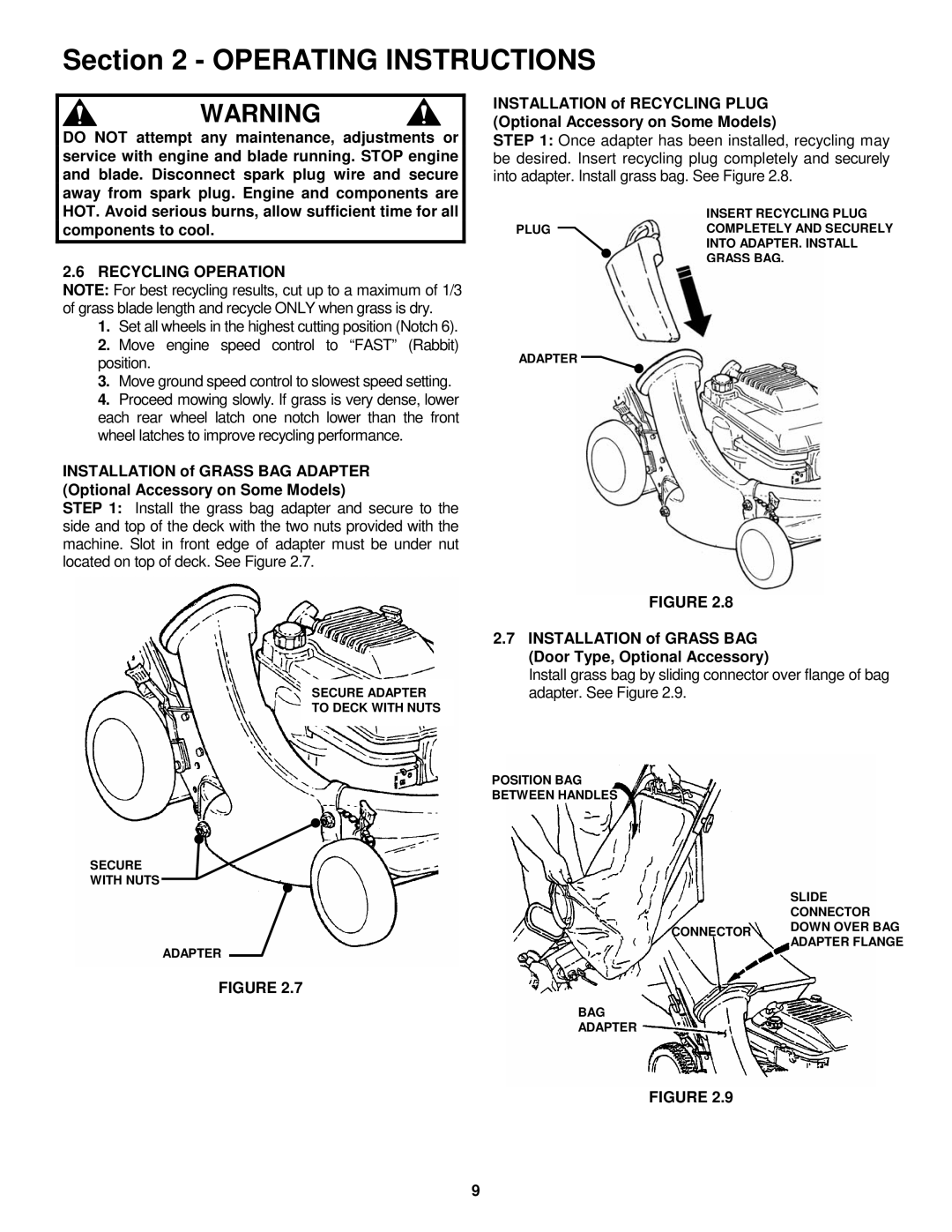 Snapper MR216017B Recycling Operation, Installation of Grass BAG Door Type, Optional Accessory 