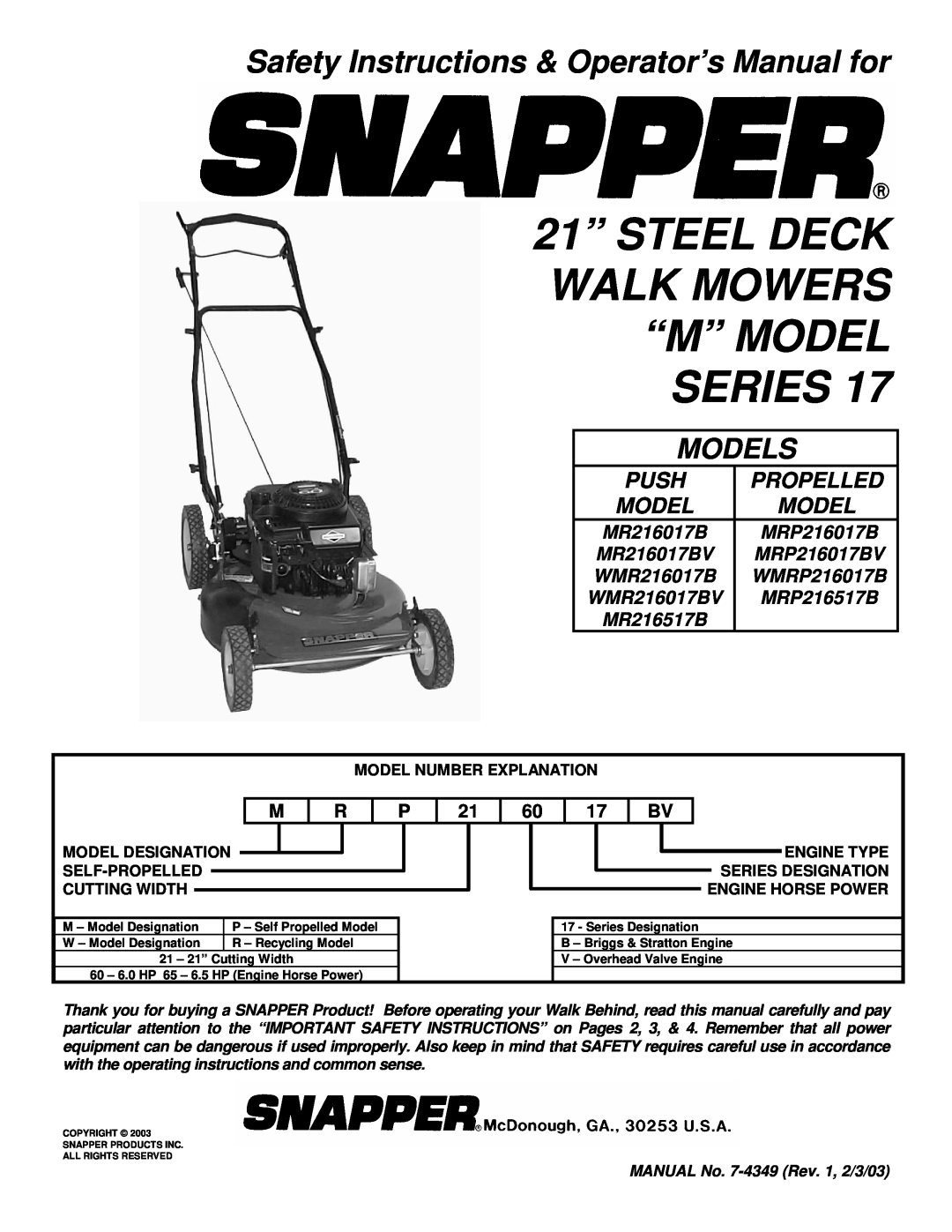 Snapper MR216017B important safety instructions 21” STEEL DECK WALK MOWERS “M” MODEL SERIES, Models, Push, Propelled 