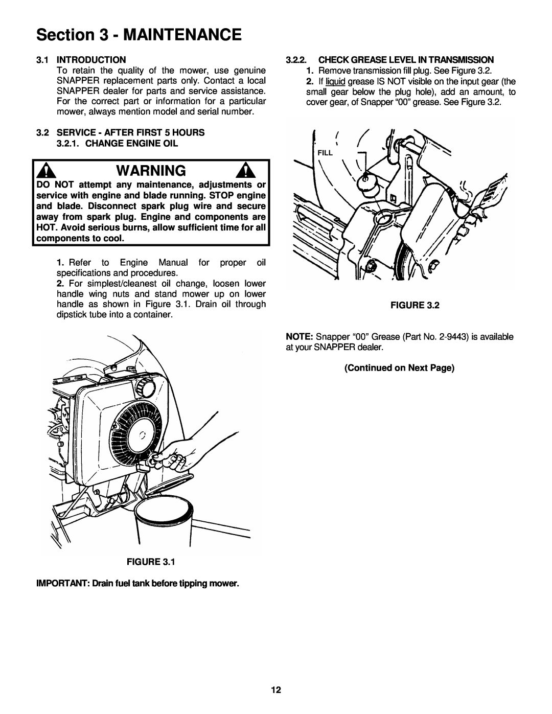 Snapper MR216017B important safety instructions Maintenance 