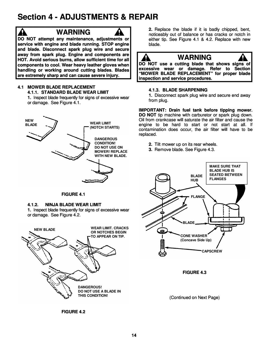 Snapper MR216017B important safety instructions Adjustments & Repair 