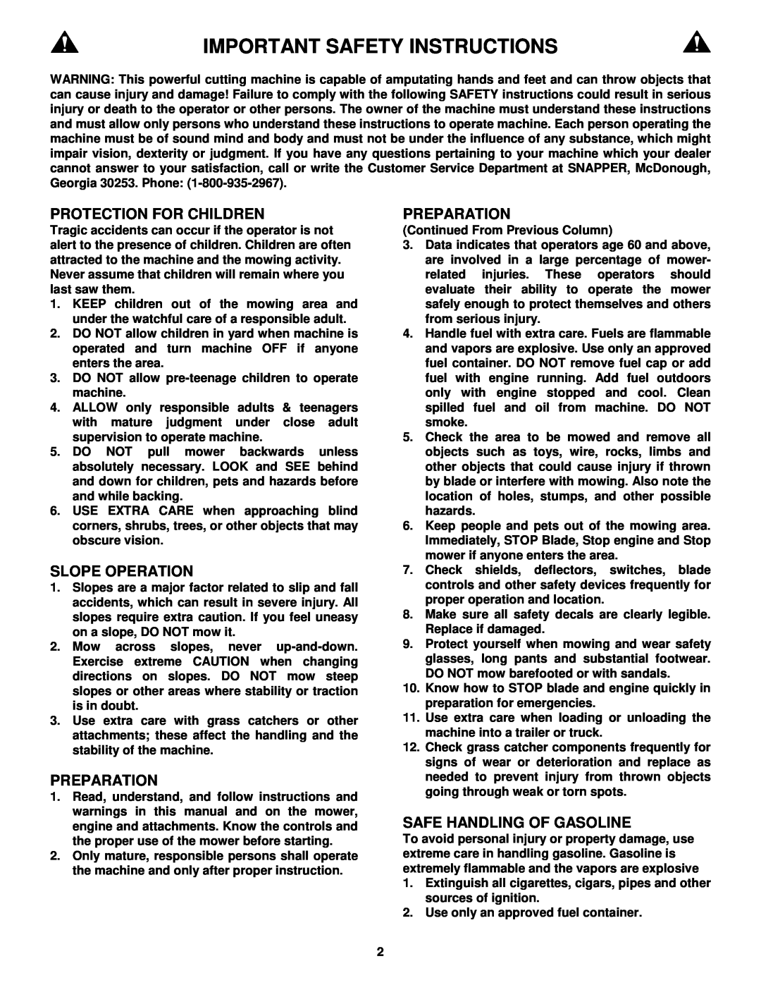 Snapper MR216017B important safety instructions Important Safety Instructions 