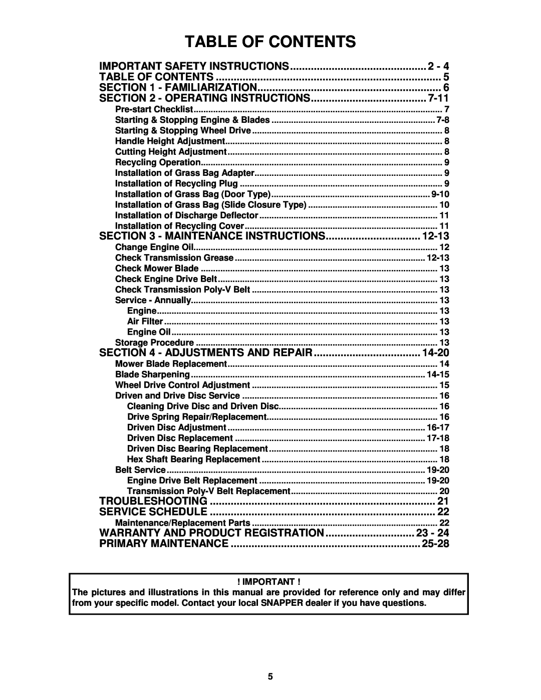 Snapper MR216017B important safety instructions Table Of Contents 