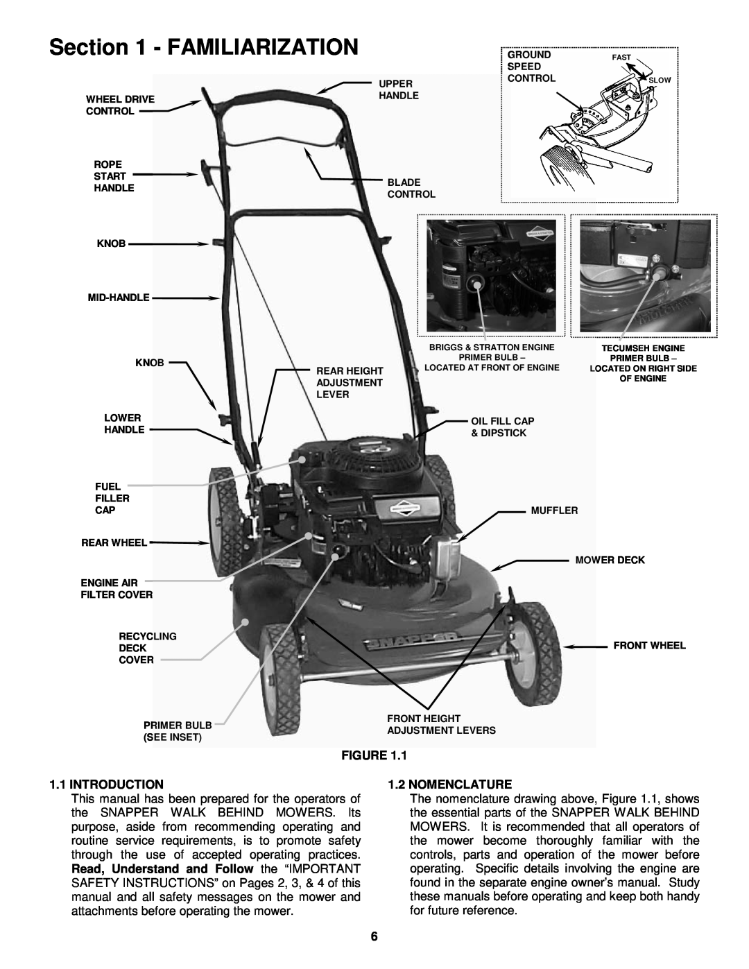 Snapper MR216017B important safety instructions Familiarization, Introduction, Nomenclature 