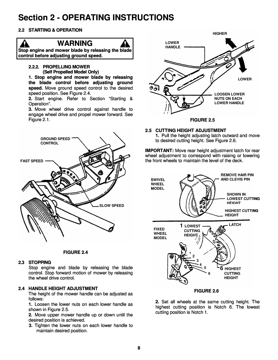 Snapper MR216017B Operating Instructions, Starting & Operation, Stopping, Handle Height Adjustment 