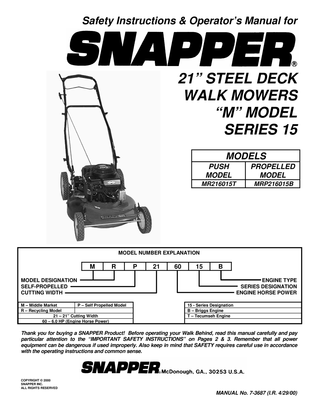 Snapper MRP216015B important safety instructions Steel Deck Walk Mowers M Model Series 