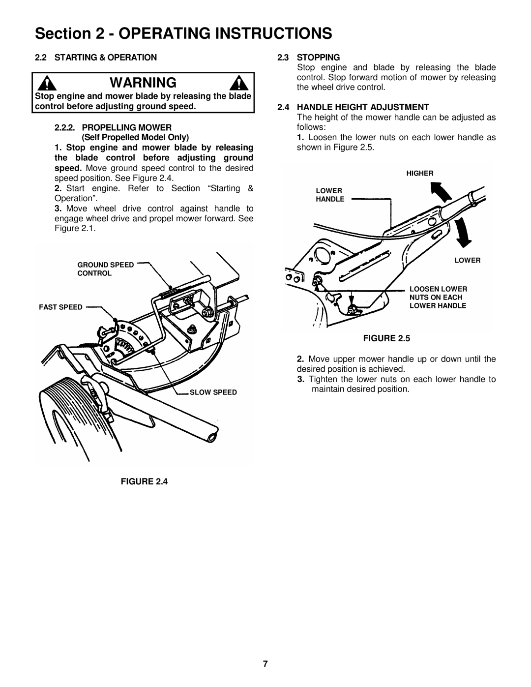 Snapper MRP216015B important safety instructions Starting & Operation, Stopping, Handle Height Adjustment 