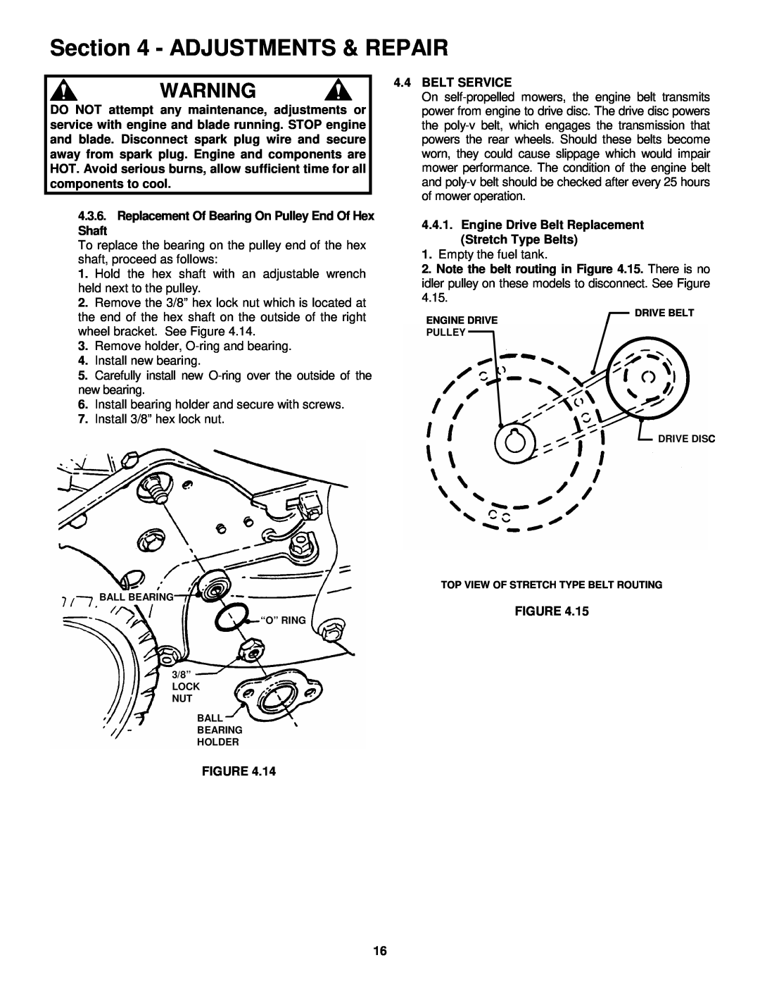 Snapper MRP216015B important safety instructions Adjustments & Repair, Replacement Of Bearing On Pulley End Of Hex 
