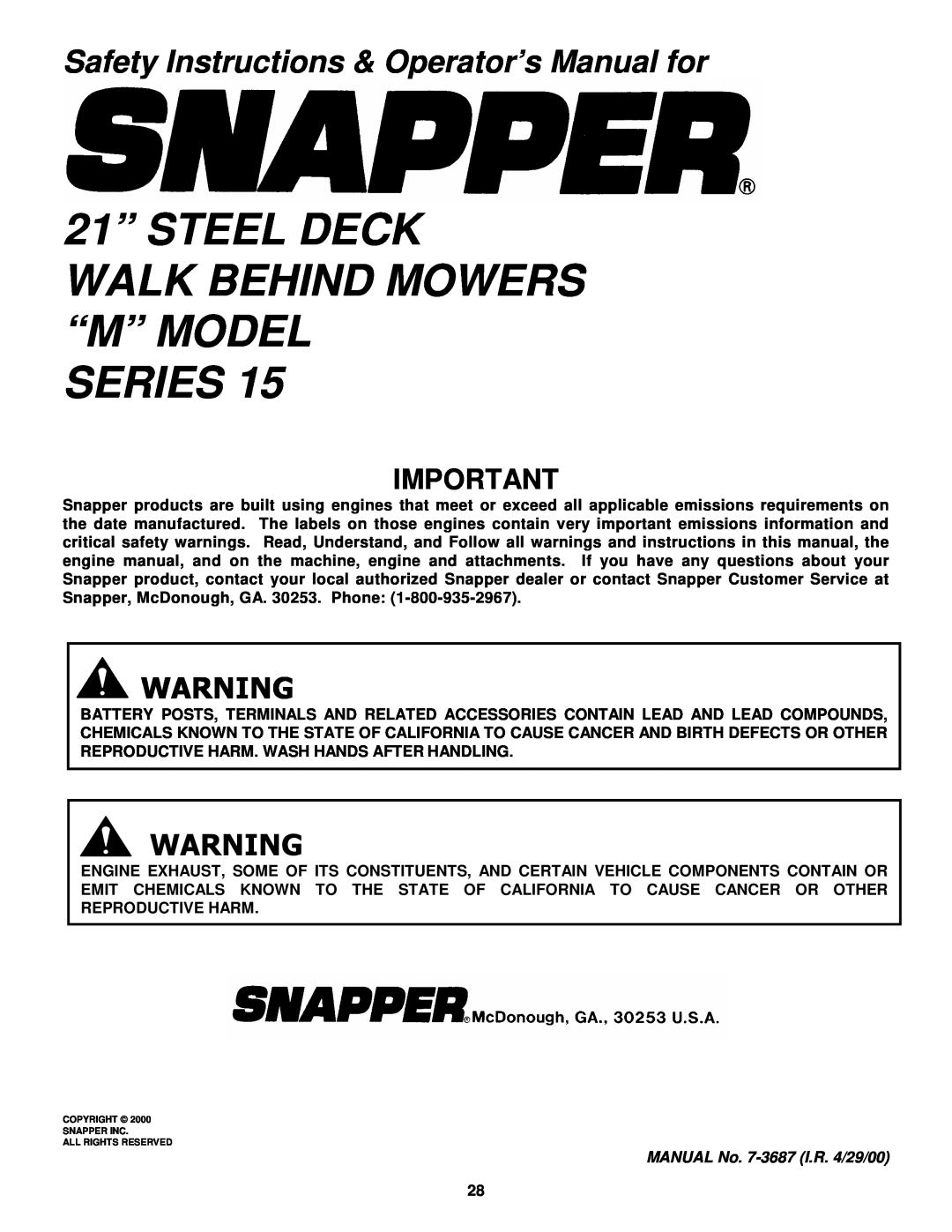 Snapper MRP216015B 21” STEEL DECK WALK BEHIND MOWERS “M” MODEL, Series, Safety Instructions & Operator’s Manual for 